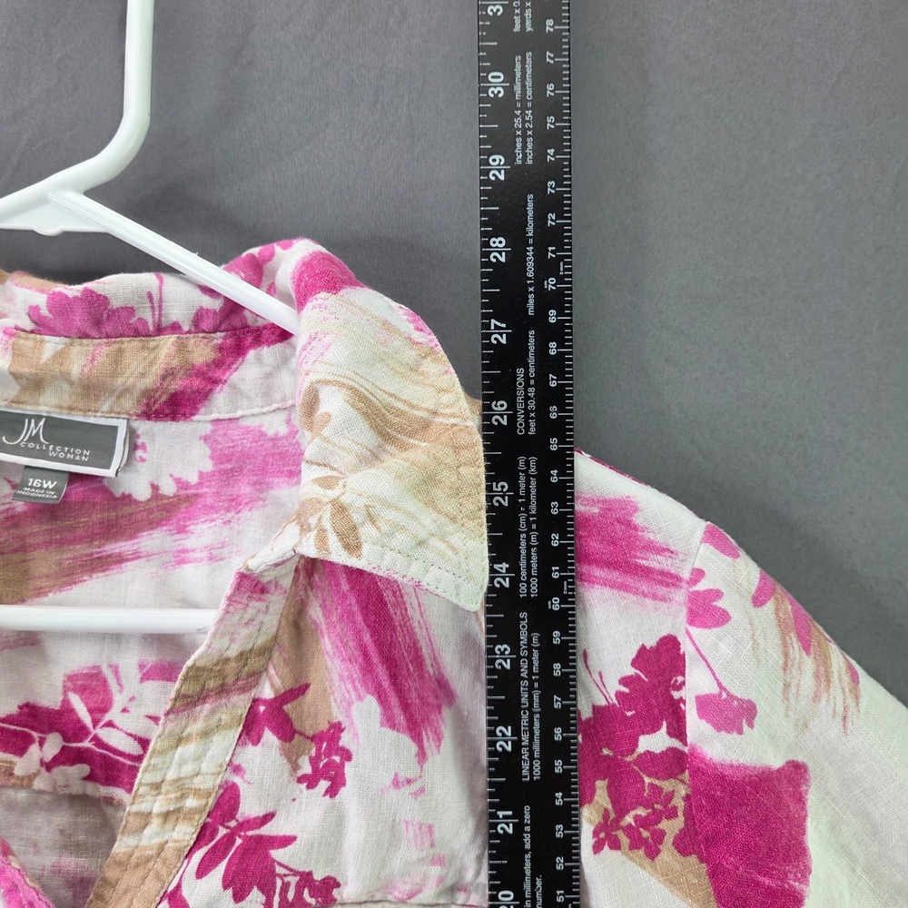 JM Collection Button Down Shirt Womens 16W Pink Tan Floral 100% Linen 3/4 Sleeve - Picture 5 of 8